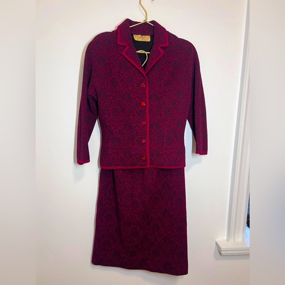 Delbau Vintage Suit Set Skirt Blazer Wool Red Black - Picture 1 of 12